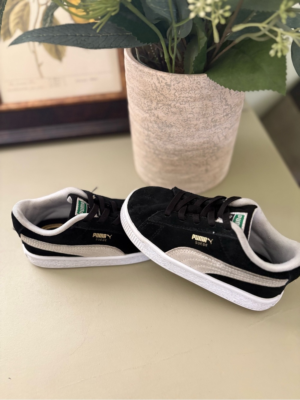 Puma Kids Black Suede Sneakers with White Stripe